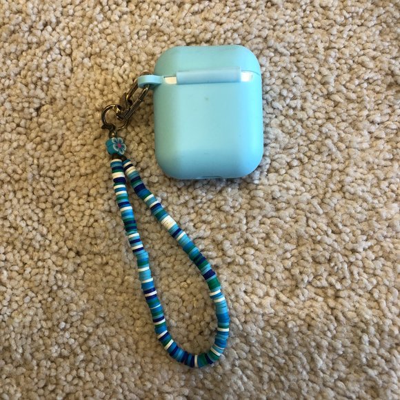 Blue Silicone AirPod Case with Beaded Wristlet - Picture 4 of 9